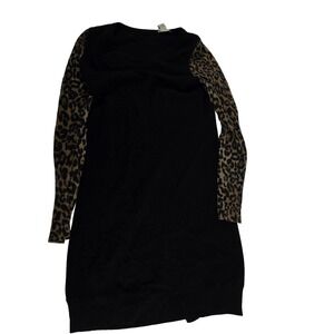 WHITE+WARREN Black Leopard Print Sleeve V Neck Sweater Dress Size S
